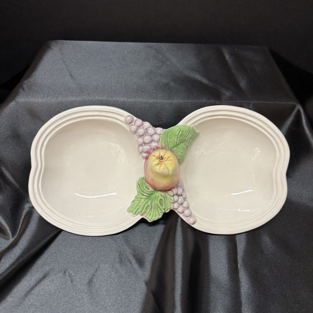 Dipinto a Mano Italy Grapes Apple 3D Dual Serving Dish Hand Painted Ceramic Vtg